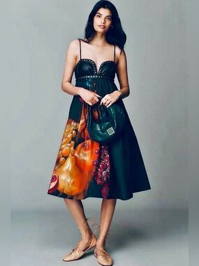 NWOT Maeve Faux Leather Babydoll Dress-Black Pattern S/M
